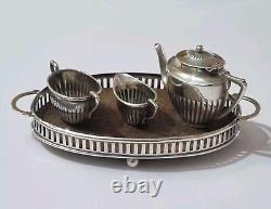 Saunders & Shepherd Edwardian Solid Silver Miniature Tea Set & Tray 1905 & 1909