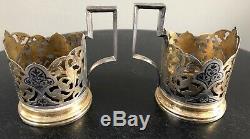 Set 6 Russian Solid Silver Gold Gilt Niello Enamel Tea Glass Holders