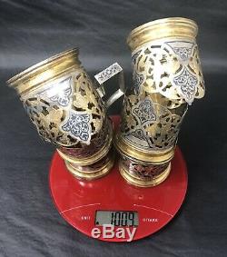 Set 6 Russian Solid Silver Gold Gilt Niello Enamel Tea Glass Holders