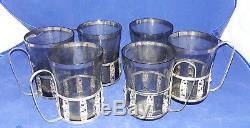 Set Of 6 Continental Sterling Silver & Smoked Glass Demitasse Tea Samovar Cups