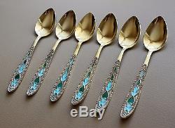 Set Of 6 Vintage Soviet Russian Ussr Silver 875 Gold Plated Enamel Tea Spoons