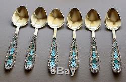 Set Of 6 Vintage Soviet Russian Ussr Silver 875 Gold Plated Enamel Tea Spoons