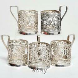 Set Of Five (5) Antique Russian Silver Filigree Podstakannik Tea Glass Holders