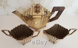 Silver Art Deco Odeon Fan Shaped Tea Set Tea Pot, Milk Jug & Sugar Bowl. C. 1930