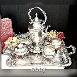 Silver Plated Tea Set Vintage Tilting Tea Pot Ornate Rogers Serving Tray 5 Pc