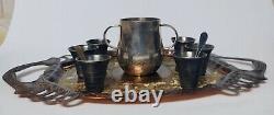 Silver Plated Tea Set of 6 Cups 2 Spoons Serving Tray Sugar Bowl Vintage 4 decor