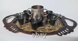 Silver Plated Tea Set of 6 Cups 2 Spoons Serving Tray Sugar Bowl Vintage 4 decor
