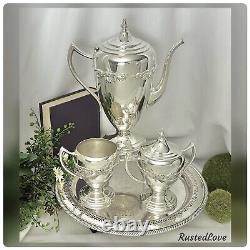 Silver Plated Tea Set with Tray Lifetime Brands Coffee Pot, Creamer, Sugar, Tray