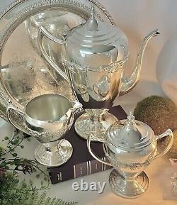 Silver Plated Tea Set with Tray Lifetime Brands Coffee Pot, Creamer, Sugar, Tray