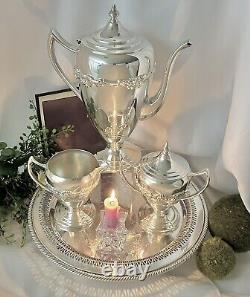 Silver Plated Tea Set with Tray Lifetime Brands Coffee Pot, Creamer, Sugar, Tray