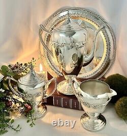 Silver Plated Tea Set with Tray Lifetime Brands Coffee Pot, Creamer, Sugar, Tray