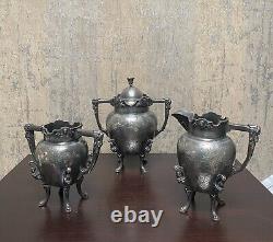 Silver Quadruple Plate Antique Tea Set of 3 Pcs Ornate Etched Leaves