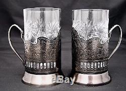 Silver Russian Crystal Tea Glass/Holder Set, Vintage Podstakannik Handmade 12-pc