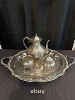 Silver on Copper 5piece Tea Set Tray, Teapot, Creamer, Sugar Bowl with lid Z1031