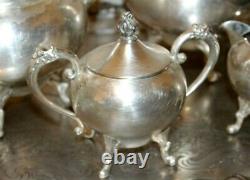Silver on Copper Coffee & Tea Set with Large Butler Tray 1940's Sheridan 6pc Set