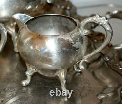 Silver on Copper Coffee & Tea Set with Large Butler Tray 1940's Sheridan 6pc Set