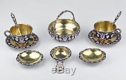 Soviet Russian 916 silver enamel tea set, sugar bowl, tea infuser, spoon