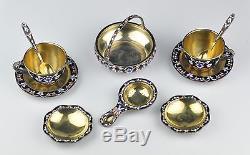 Soviet Russian 916 silver enamel tea set, sugar bowl, tea infuser, spoon