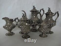 Spectacular Stieff Repousse Sterling Silver Tea Set With 6 Pieces