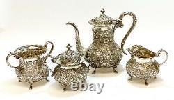 Sterling Silver Repousse 4 Piece Coffee Tea Service Set. Floral Designs