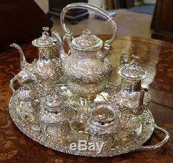 Stieff Rose Tea Set Sterling Silver 7 Piece 260 oz Kettle on Stand! Repousse