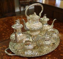 Stieff Rose Tea Set Sterling Silver 7 Piece 260 oz Kettle on Stand! Repousse