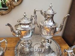 Stunning Victorian Silver Plated 4pc Tea Coffee Set and Tray Chased Trophy Shape