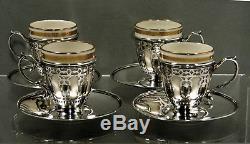 Tiffany Sterling Tea Set 4 Cups/ Saucers & Lenox Liners c1914