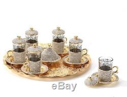 Turkish Coffee Tea Serving Set Swarovski Coated Handmade Copper