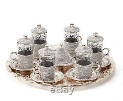 Turkish Coffee Tea Serving Set Swarovski Coated Handmade Copper