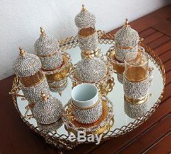 Turkish Coffee Water Tea Set Porcelain, Glass Cups Bowl Jardinier Tray Swarovski