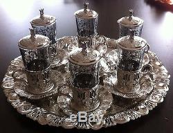 Turkish Copper Glass Sherbet Tea Water Serving Set, Tray Delight Bowl Silver