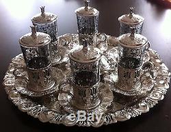 Turkish Copper Glass Sherbet Tea Water Serving Set, Tray Delight Bowl Silver
