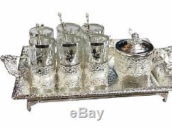 Turkish Ottoman Tea Set Silver Brass Tea Coffee Cups Tray Sugar Bowl and Spoons