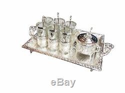 Turkish Ottoman Tea Set Silver Brass Tea Coffee Cups Tray Sugar Bowl and Spoons
