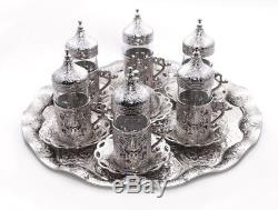 Turkish Zamac Glass Tea Sherbet Water Serve Set Tray Mugs Sugar Bowl GOLD SILVER