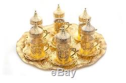 Turkish Zamac Glass Tea Sherbet Water Serve Set Tray Mugs Sugar Bowl GOLD SILVER