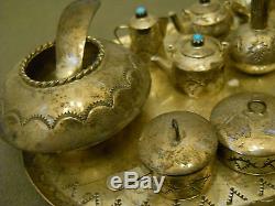 Turquoise sterling silver tea set + signed EMW