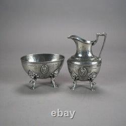 Two Piece Antique Figural Clawfoot Silver Plated Tea Set C1890