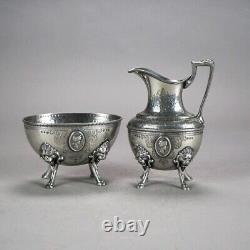 Two Piece Antique Figural Clawfoot Silver Plated Tea Set C1890