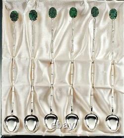 VINTAGE WAI KEE CHINESE 900 SILVER & CARVED JADE ICE TEA SPOONS -SET OF 6 with BOX
