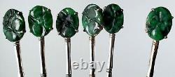 VINTAGE WAI KEE CHINESE 900 SILVER & CARVED JADE ICE TEA SPOONS -SET OF 6 with BOX