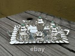 VTG MEXICO STERLING SILVER & TURQUOISE MINIATURE DOLLHOUSE 7 PC TEA SET WithTRAY