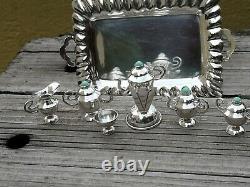 VTG MEXICO STERLING SILVER & TURQUOISE MINIATURE DOLLHOUSE 7 PC TEA SET WithTRAY