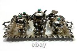 VTG Mexico Sterling Silver & Turquoise Miniature Dollhouse 7 pc Tea Set with Tray