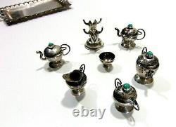 VTG Mexico Sterling Silver & Turquoise Miniature Dollhouse 7 pc Tea Set with Tray