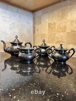 Van Bergh Tea Set 4 pc Silverplate 468 Waste Bowl Flower Border Victorian 1898