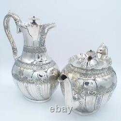 Victorian Antique James Deakin Silver Plate Repousse Teaset Coffee Pot Tea