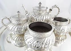 Victorian Meriden Silver Plate 5 Pc Art Nouveau Embossed Teaset English 16 Tray