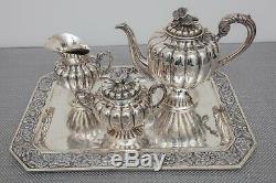 Vigueras Sterling Silver Repousse Tea Set with Tray, c. 1940-50, Mexican, 4 Piece